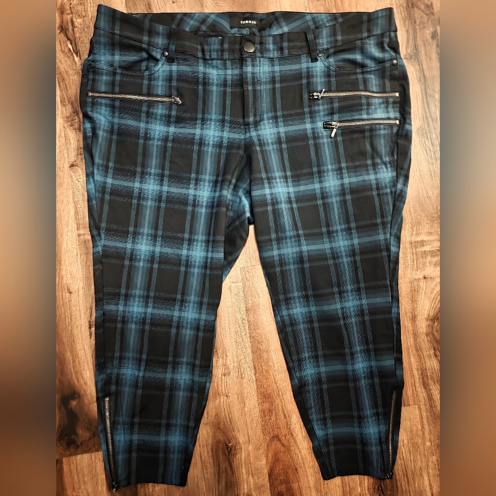 Torrid Ponte Stretch Ankle Skinny Pants Teal Black Plaid punk 24 R